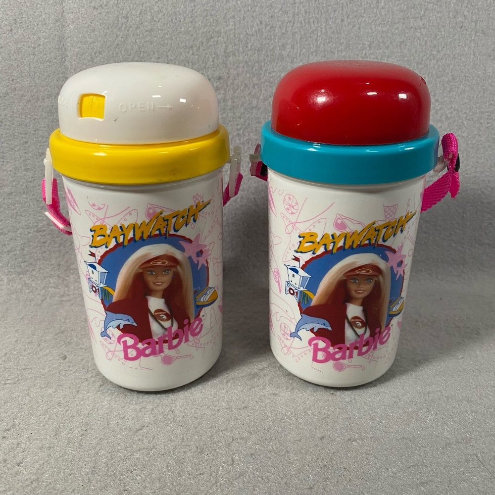 Lot 2 Vintage Barbie Baywatch Travel Cup Canteen w/ Strap Zak Designs